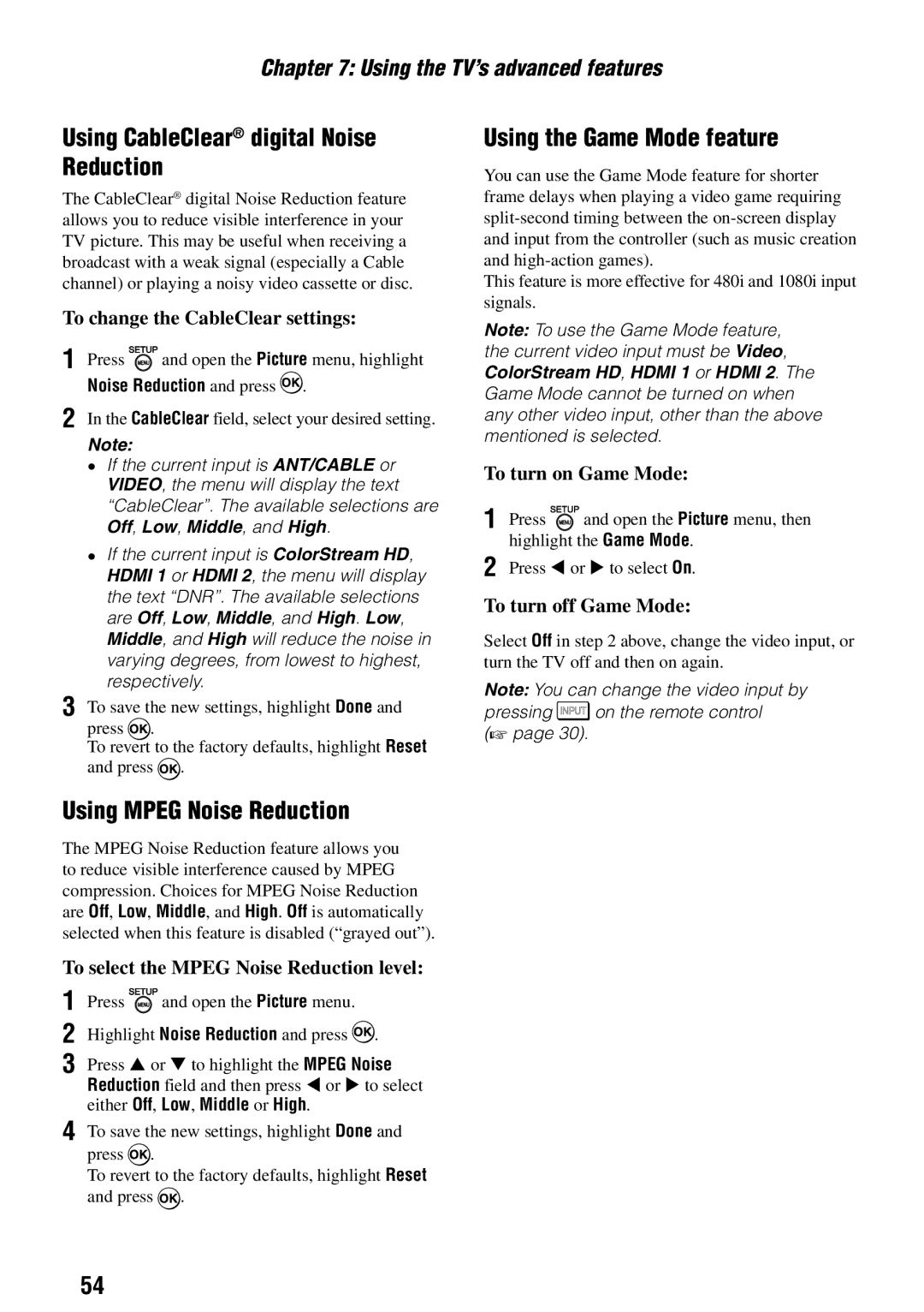 Toshiba 32SLV411U manual Using CableClear digital Noise Reduction, Using Mpeg Noise Reduction, Using the Game Mode feature 