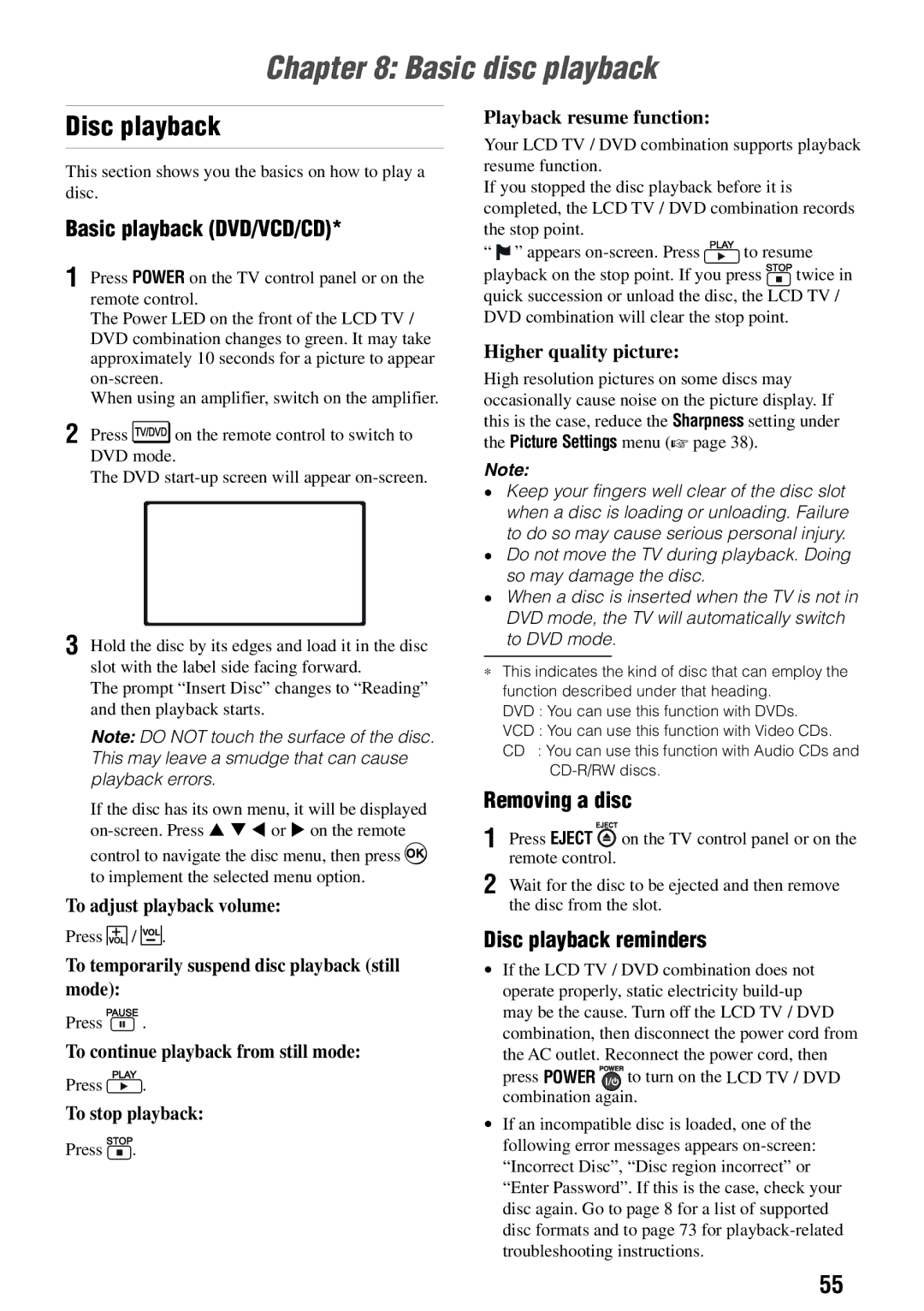 Toshiba 24SLV411U, 32SLV411U Basic disc playback, Basic playback DVD/VCD/CD, Removing a disc, Disc playback reminders 