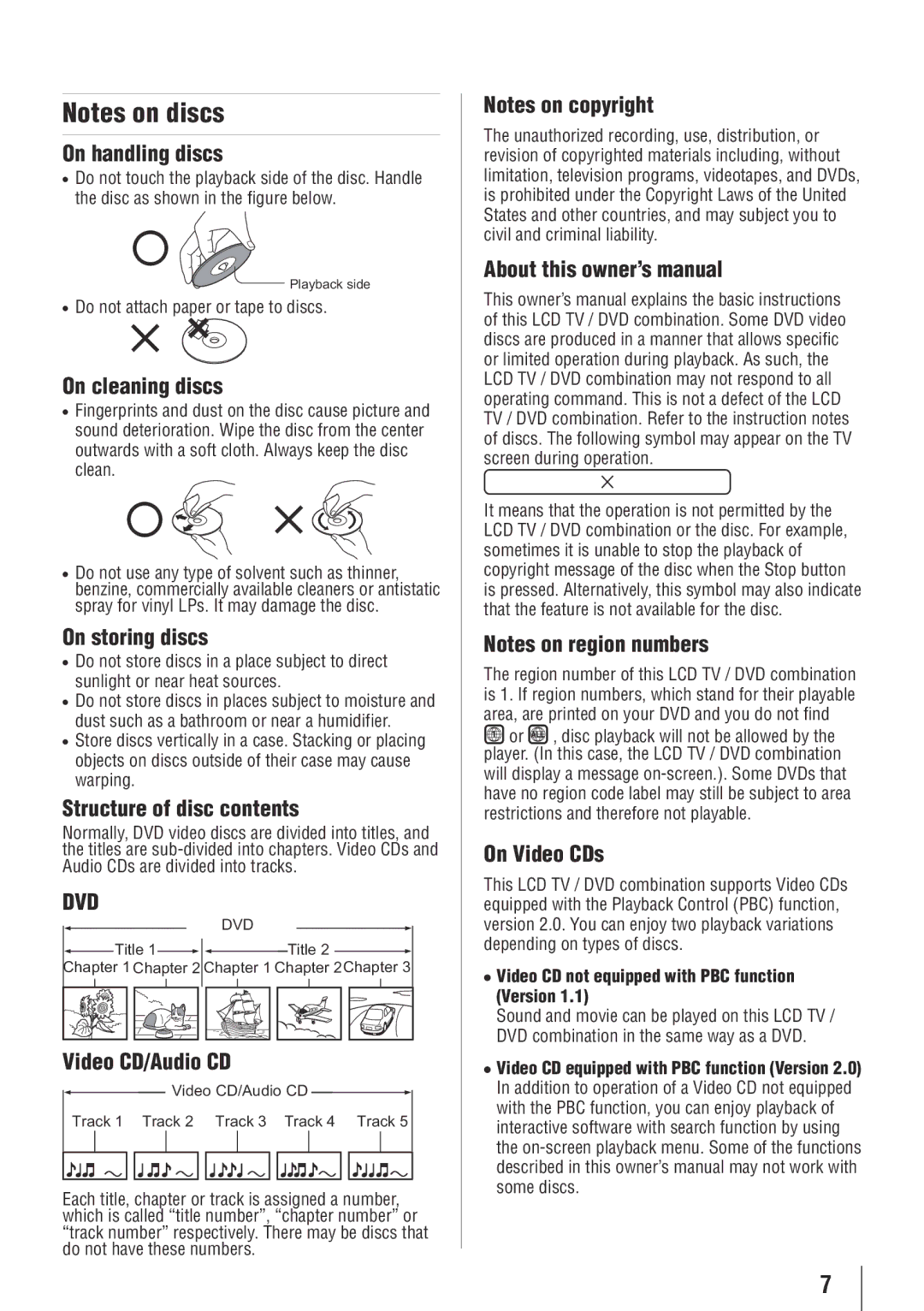 Toshiba 24SLV411U On handling discs, On cleaning discs, On storing discs, Structure of disc contents, Video CD/Audio CD 