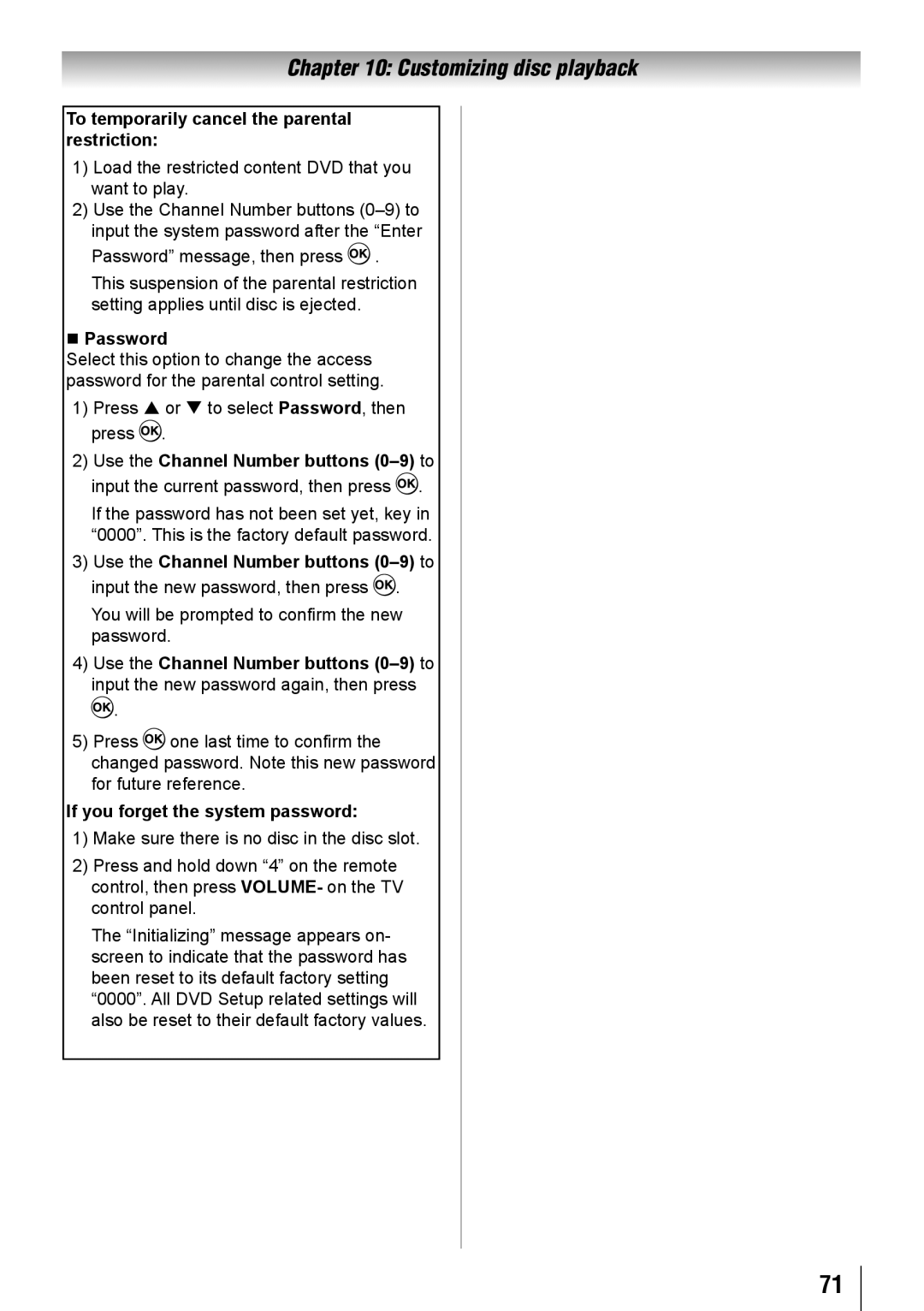 Toshiba 19SLV411U, 32SLV411U, 24SLV411U manual To temporarily cancel the parental restriction 