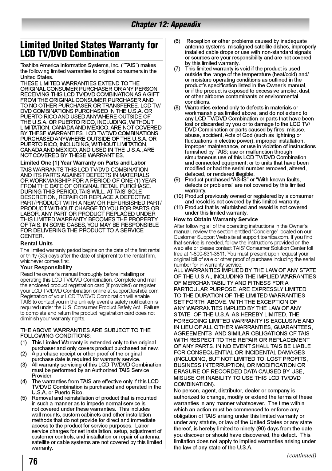 Toshiba 24SLV411U, 32SLV411U, 19SLV411U manual Limited United States Warranty for LCD TV/DVD Combination 