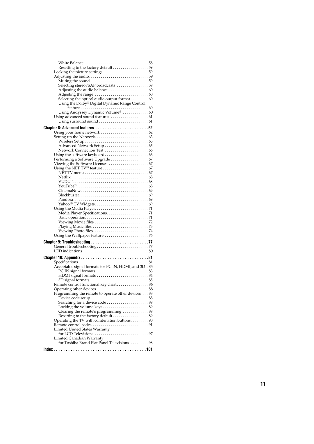 Toshiba 42TL515U, 32TL515U, 47TL515U, 55TL515U manual Advanced features, Troubleshooting, Appendix, Index 