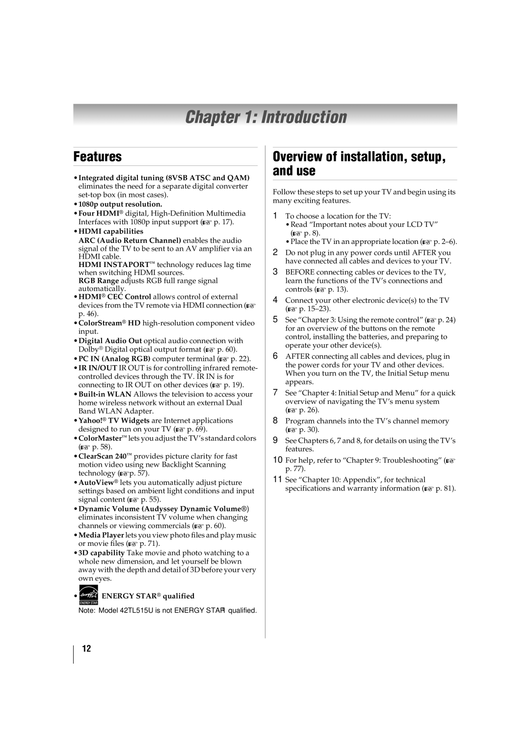 Toshiba 32TL515U, 47TL515U manual Introduction, Features, Overview of installation, setup, and use, Energy Star qualified 