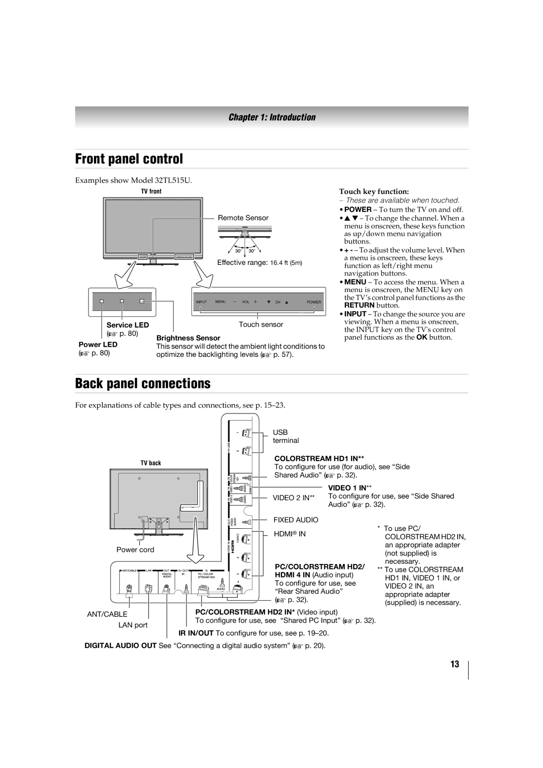 Toshiba 47TL515U, 32TL515U, 55TL515U, 42TL515U manual Front panel control, Back panel connections 