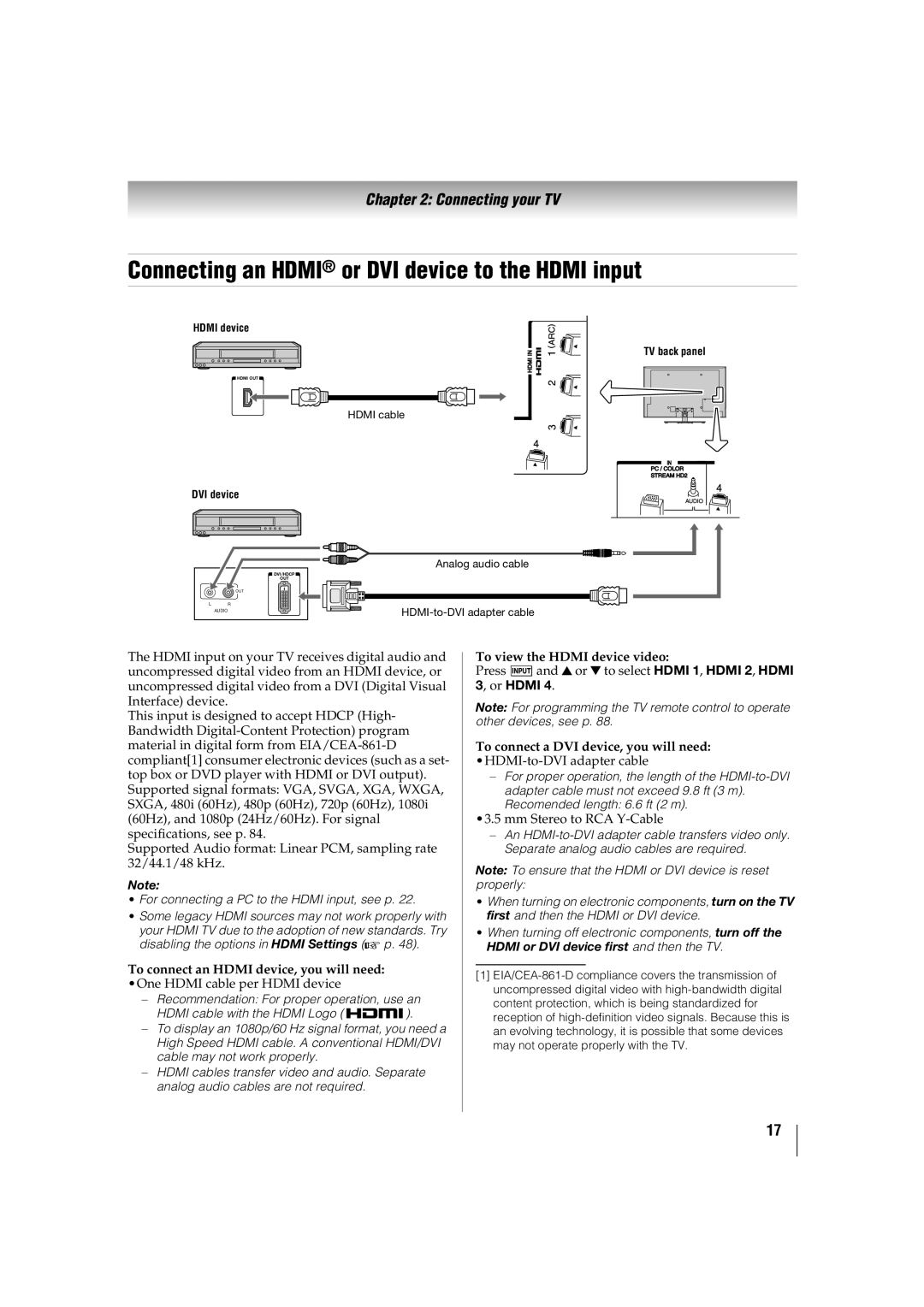 Toshiba 47TL515U, 32TL515U Connecting an Hdmi or DVI device to the Hdmi input, To connect an Hdmi device, you will need 