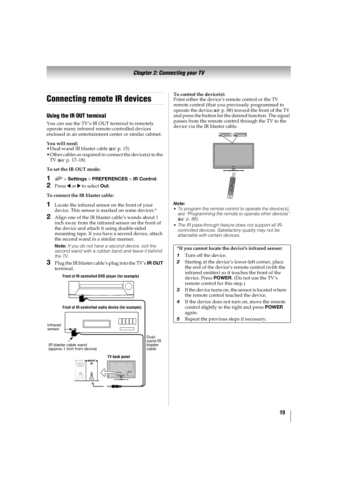 Toshiba 42TL515U, 32TL515U manual Connecting remote IR devices, Using the IR OUT terminal, Settings Preferences IR Control 