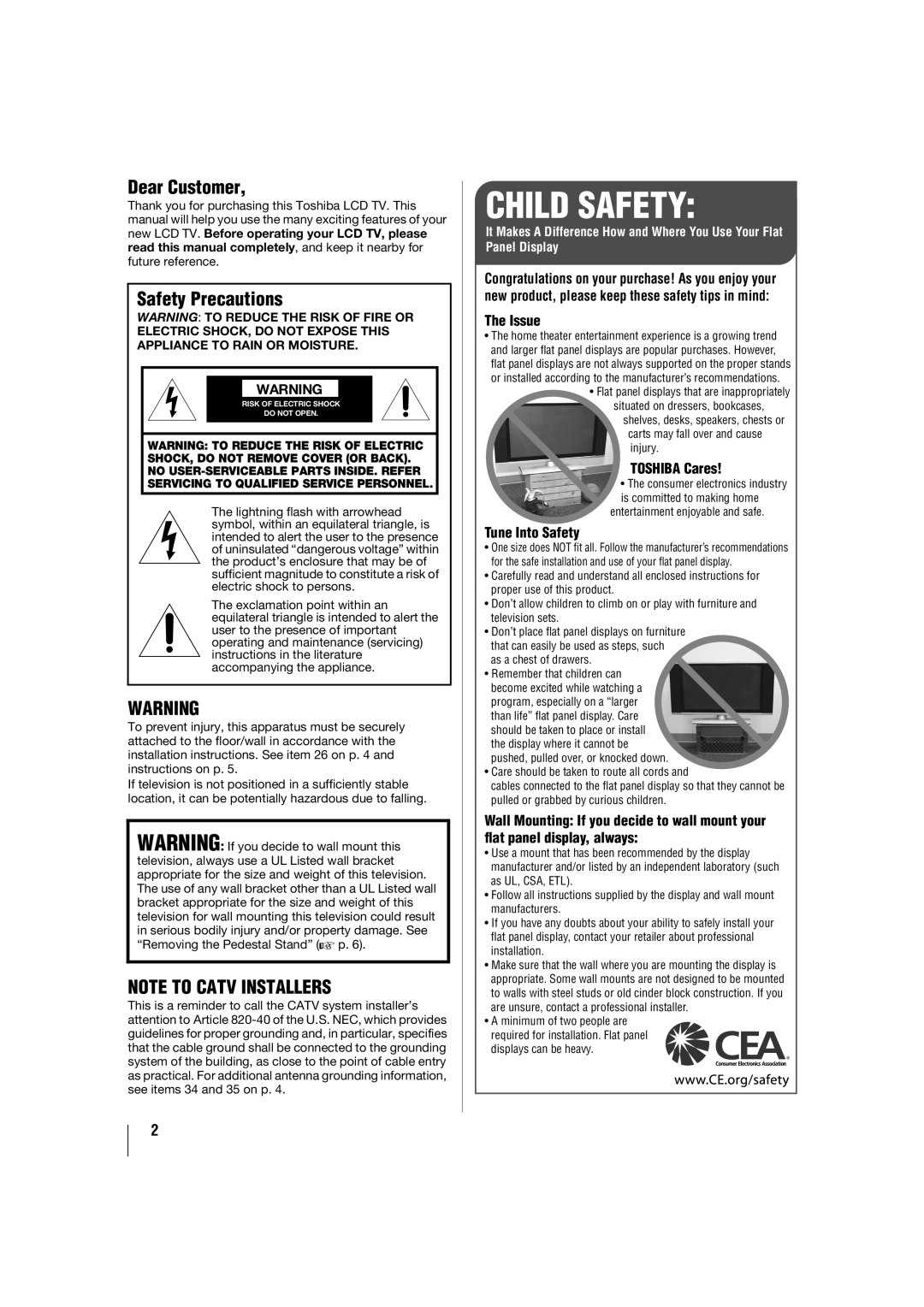 Toshiba 55TL515U, 32TL515U, 47TL515U, 42TL515U manual Child Safety 