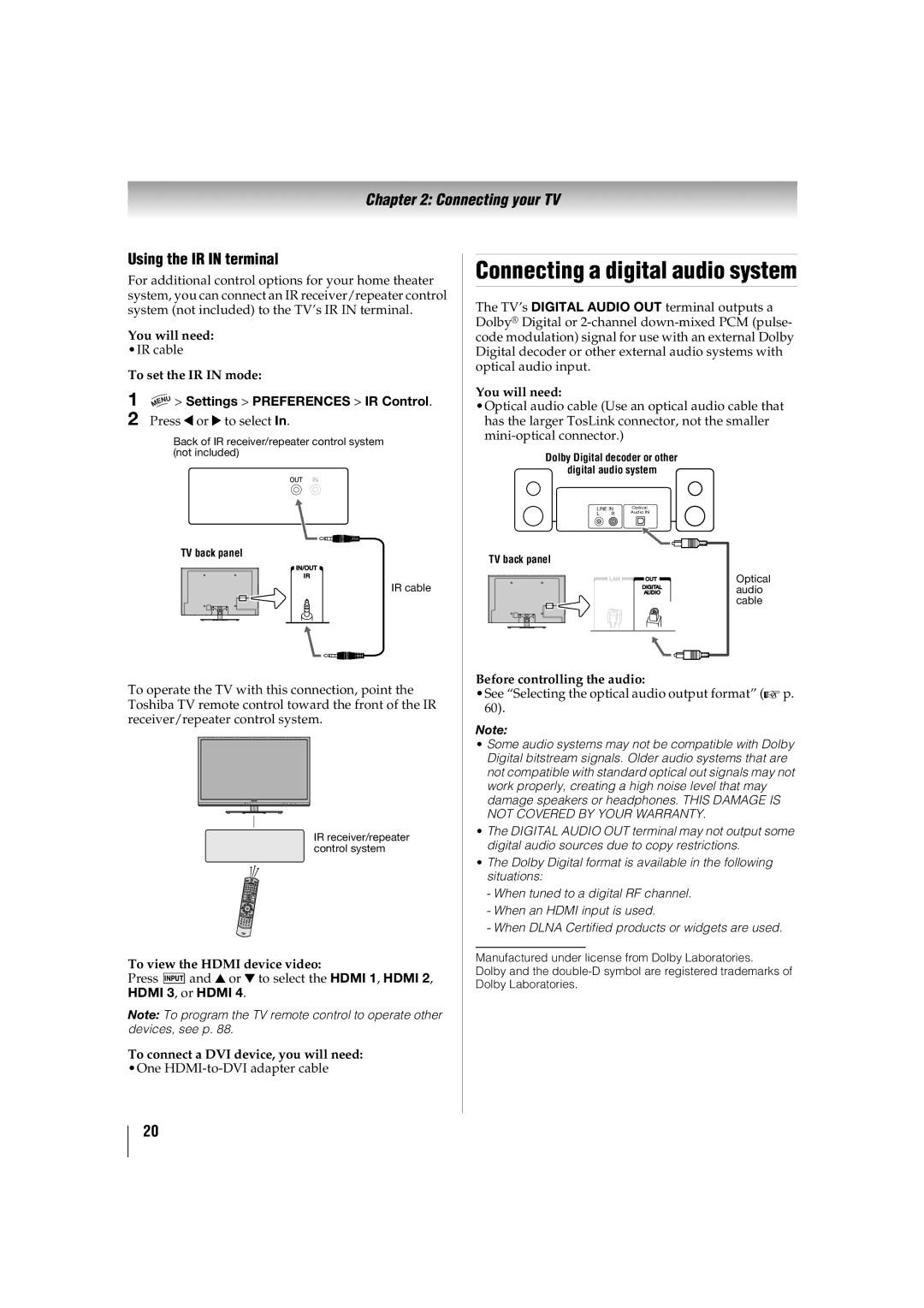 Toshiba 32TL515U, 47TL515U, 55TL515U Connecting a digital audio system, Using the IR in terminal, To set the IR in mode 