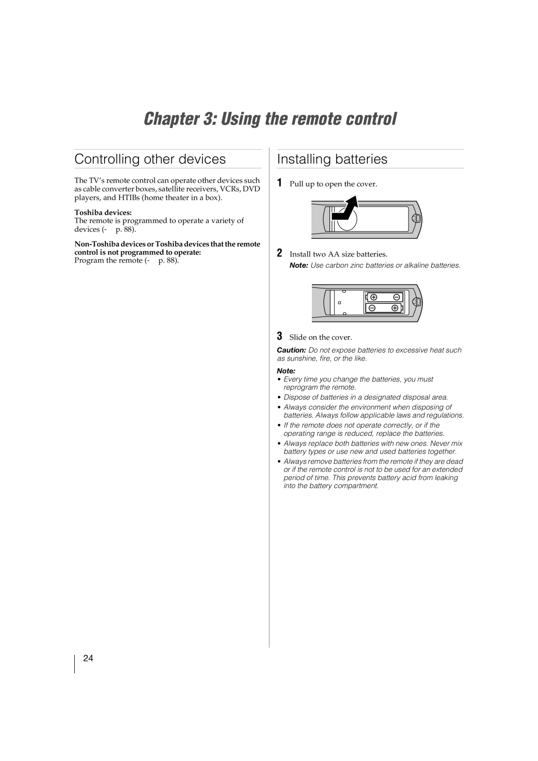 Toshiba 32TL515U, 47TL515U manual Using the remote control, Controlling other devices, Installing batteries, Toshiba devices 