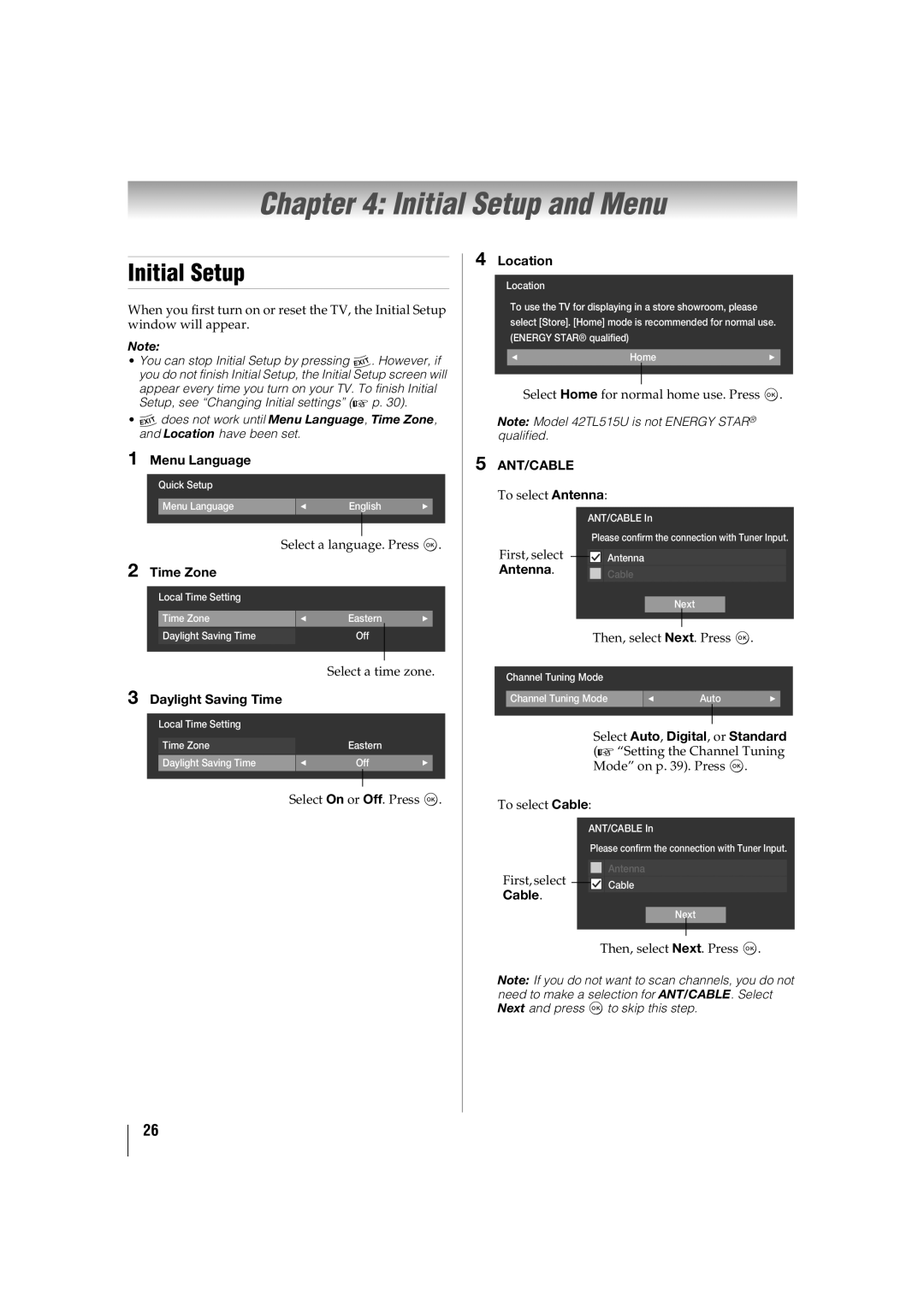 Toshiba 55TL515U, 32TL515U, 47TL515U, 42TL515U manual Initial Setup and Menu 