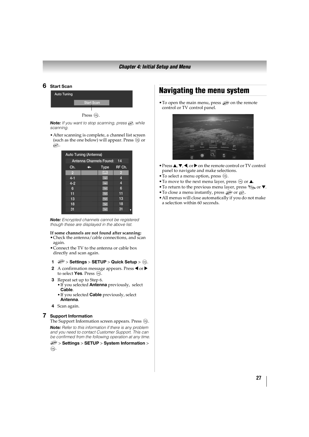 Toshiba 42TL515U, 32TL515U manual Navigating the menu system, Start Scan, Settings Setup Quick Setup OK, Support Information 