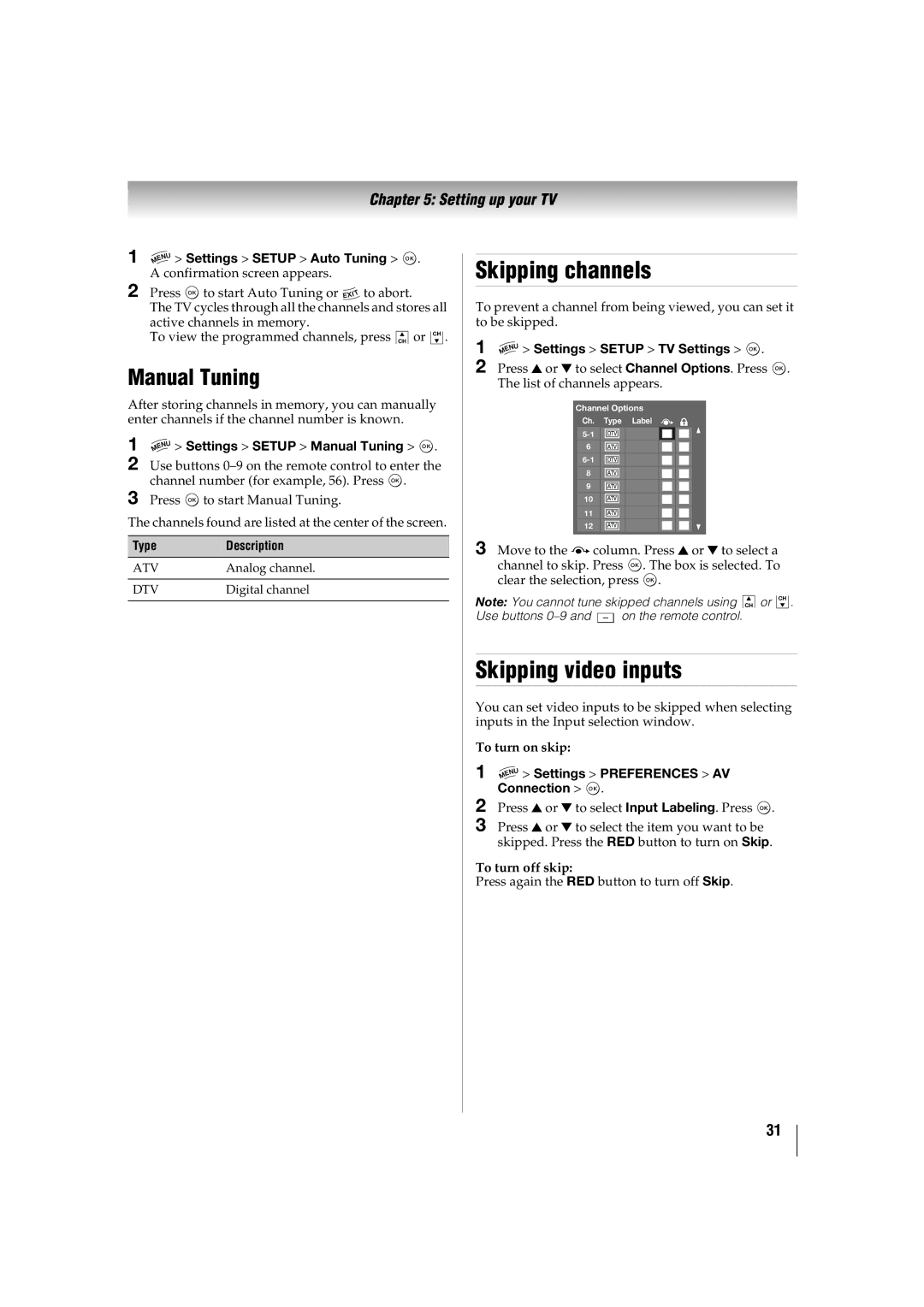 Toshiba 42TL515U, 32TL515U, 47TL515U, 55TL515U manual Skipping channels, Skipping video inputs, Manual Tuning 