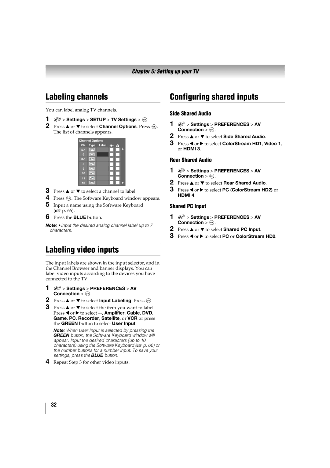 Toshiba 32TL515U, 47TL515U, 55TL515U, 42TL515U manual Labeling channels, Labeling video inputs, Configuring shared inputs 