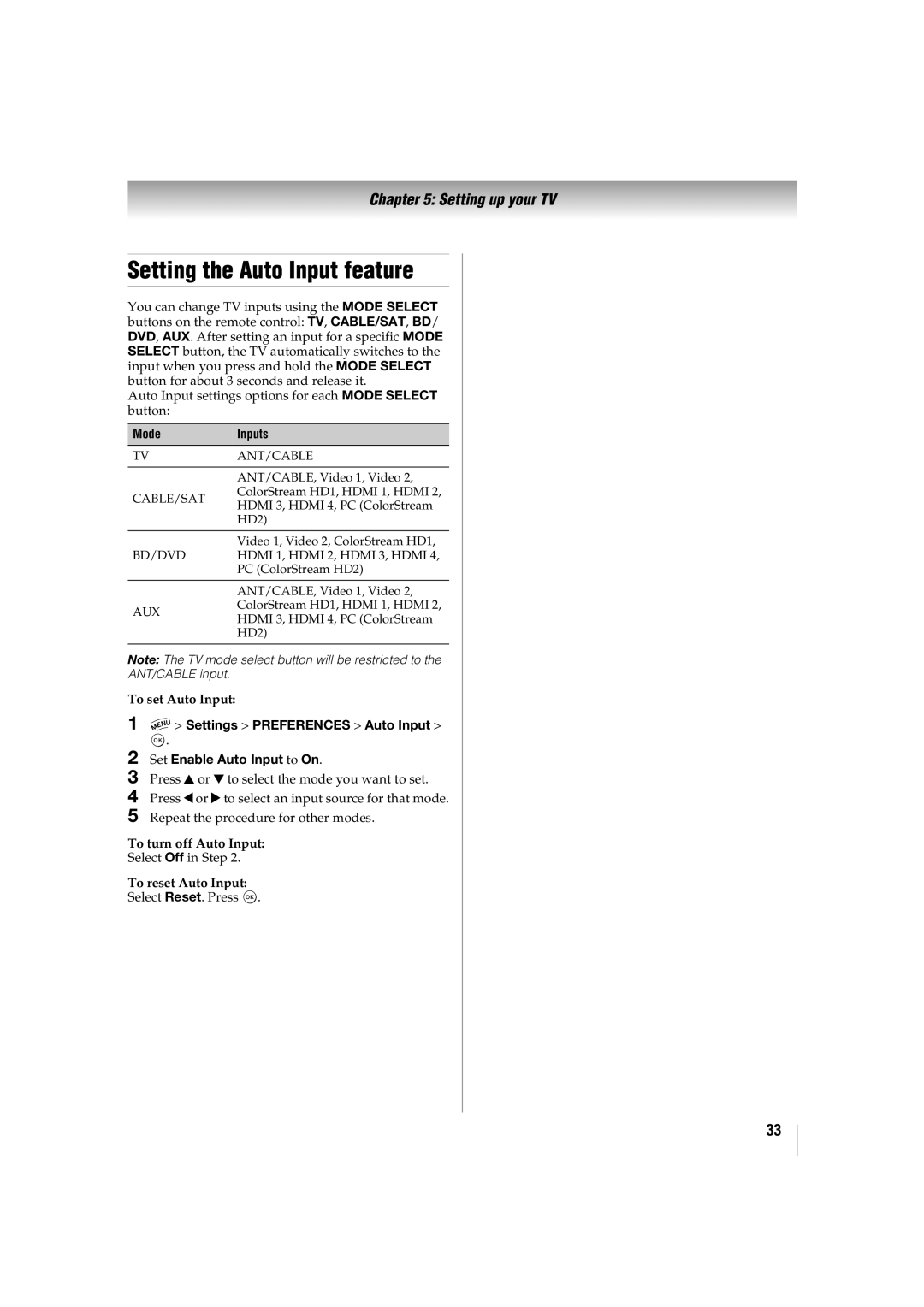 Toshiba 47TL515U Setting the Auto Input feature, ModeInputs, Settings Preferences Auto Input Set Enable Auto Input to On 