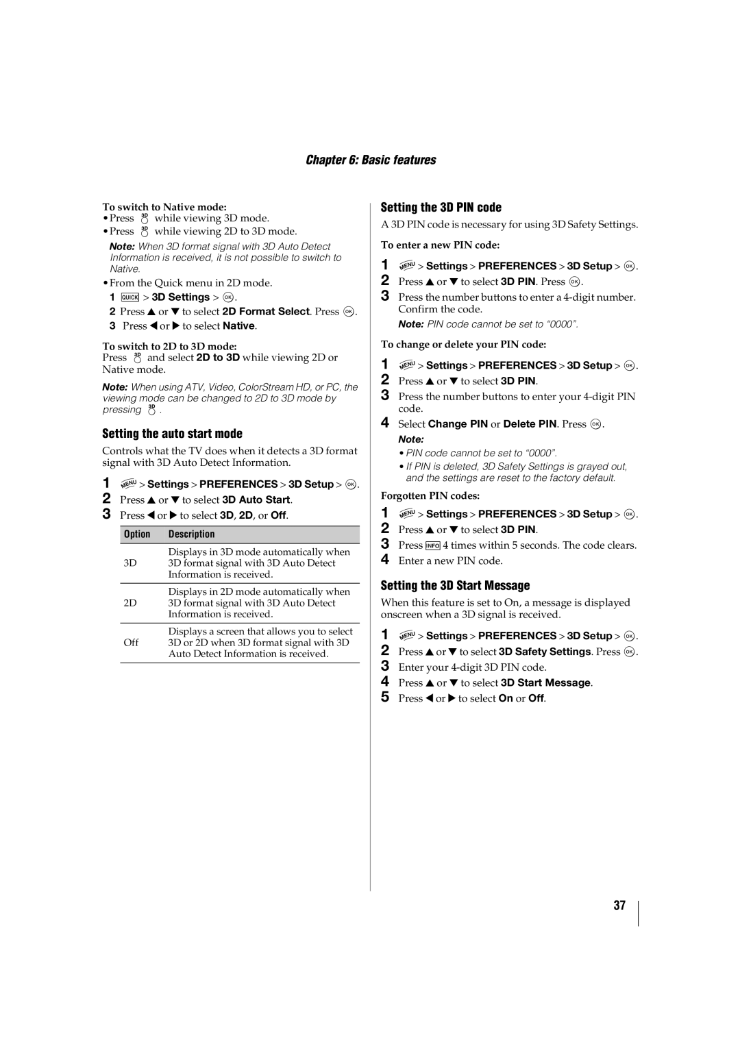Toshiba 47TL515U, 32TL515U, 55TL515U Setting the auto start mode, Setting the 3D PIN code, Setting the 3D Start Message 