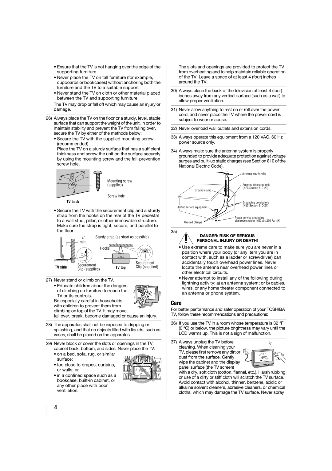 Toshiba 32TL515U, 47TL515U, 55TL515U, 42TL515U manual Care, Make sure the strap is tight, secure, and parallel to 