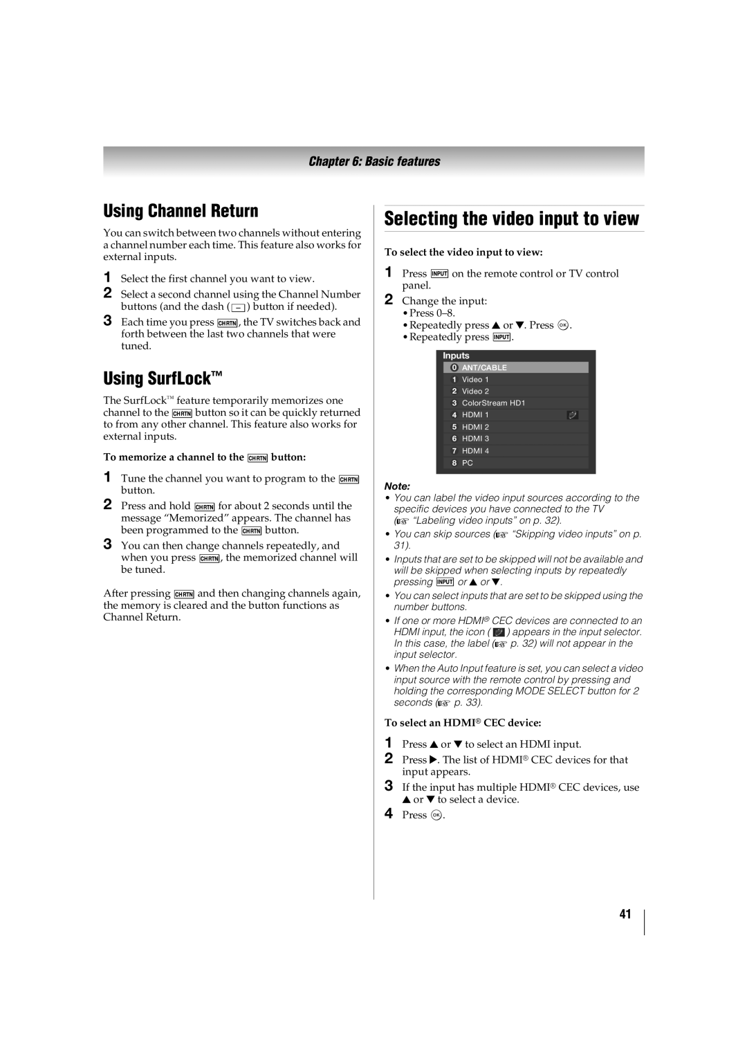 Toshiba 47TL515U, 32TL515U, 55TL515U, 42TL515U manual Selecting the video input to view, Using Channel Return, Using SurfLock 