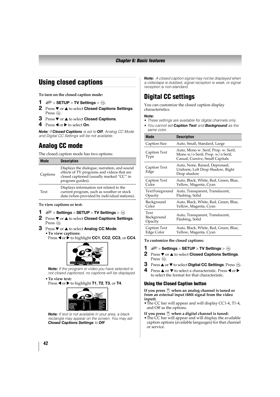 Toshiba 55TL515U, 32TL515U Using closed captions, Analog CC mode, Digital CC settings, Using the Closed Caption button 