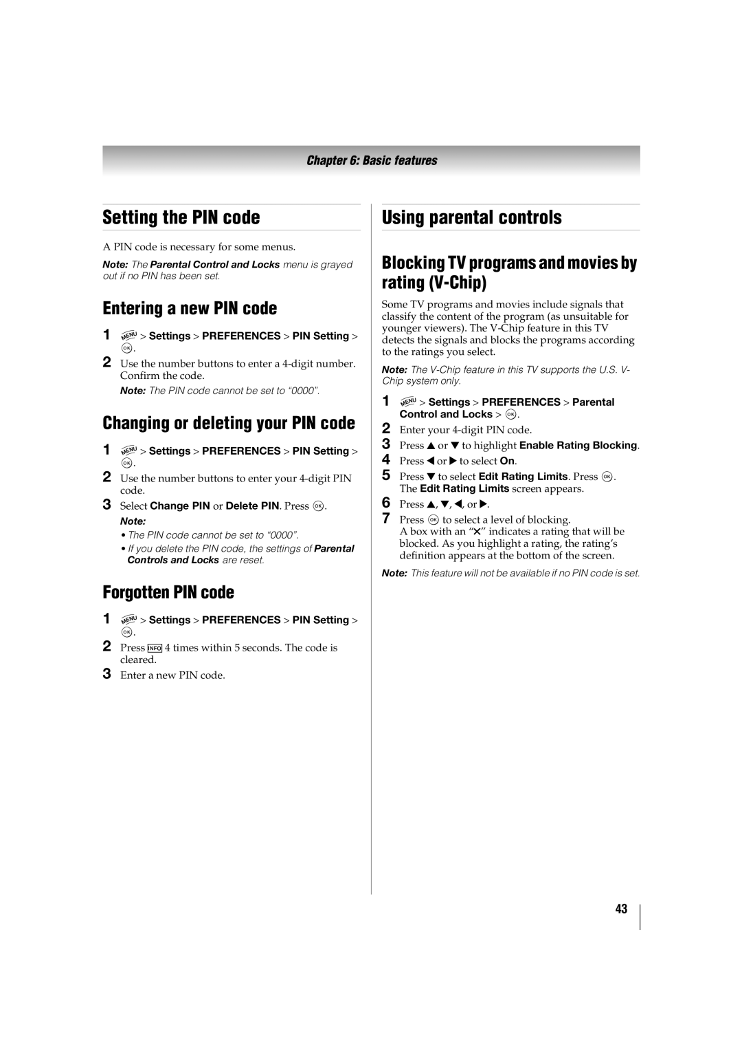 Toshiba 42TL515U, 32TL515U manual Setting the PIN code, Using parental controls, Entering a new PIN code, Forgotten PIN code 