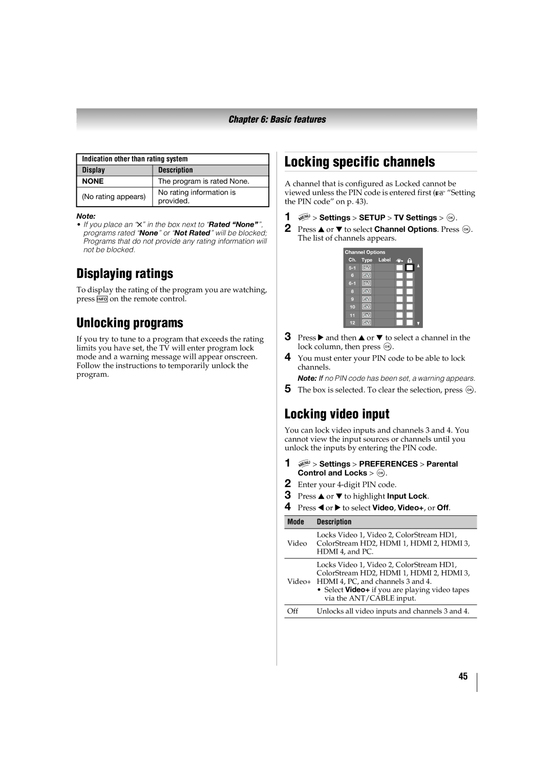 Toshiba 47TL515U, 32TL515U, 55TL515U Locking specific channels, Displaying ratings, Unlocking programs, Locking video input 