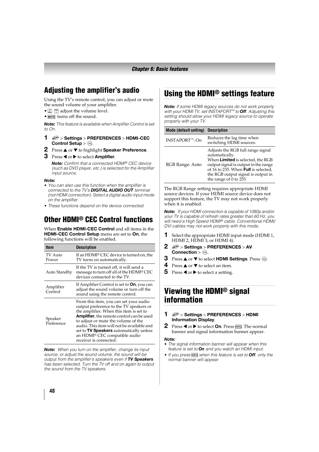 Toshiba 32TL515U manual Using the Hdmi settings feature, Adjusting the amplifier’s audio, Mode default setting Description 