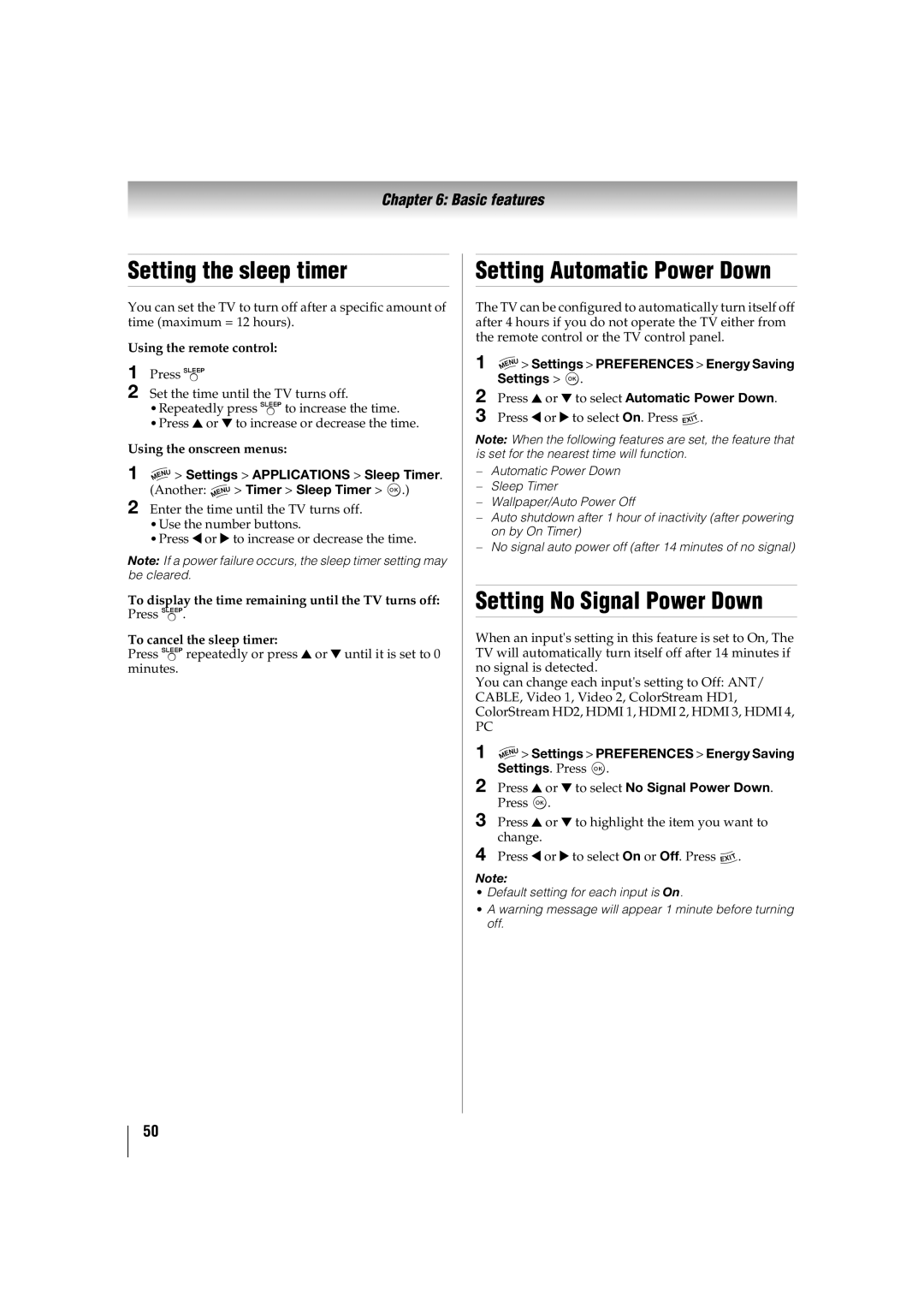 Toshiba 55TL515U, 32TL515U, 47TL515U Setting the sleep timer, Setting Automatic Power Down, Setting No Signal Power Down 