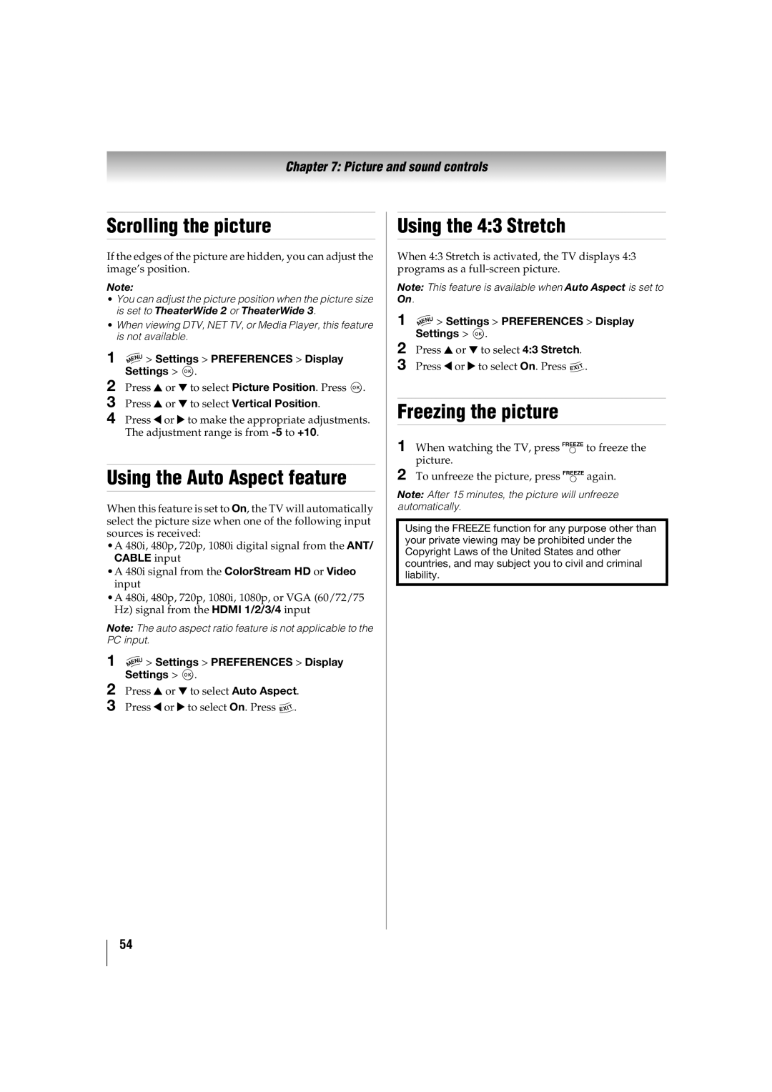 Toshiba 55TL515U manual Scrolling the picture, Using the Auto Aspect feature, Using the 43 Stretch, Freezing the picture 