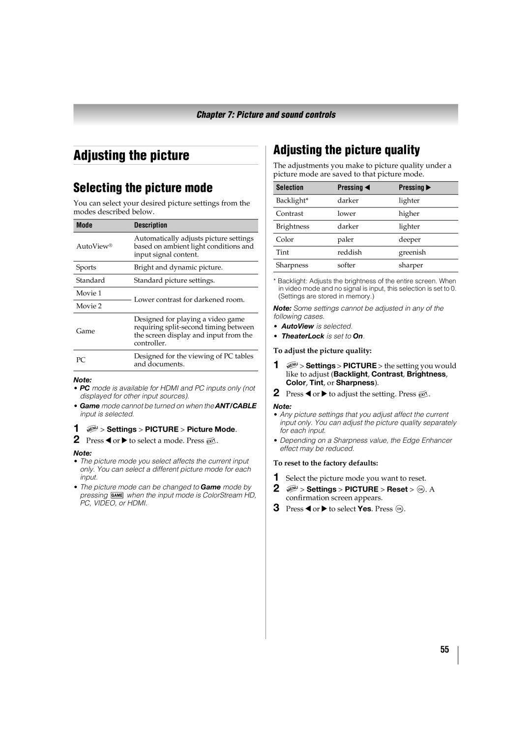 Toshiba 42TL515U, 32TL515U, 47TL515U, 55TL515U manual Selecting the picture mode, Adjusting the picture quality 