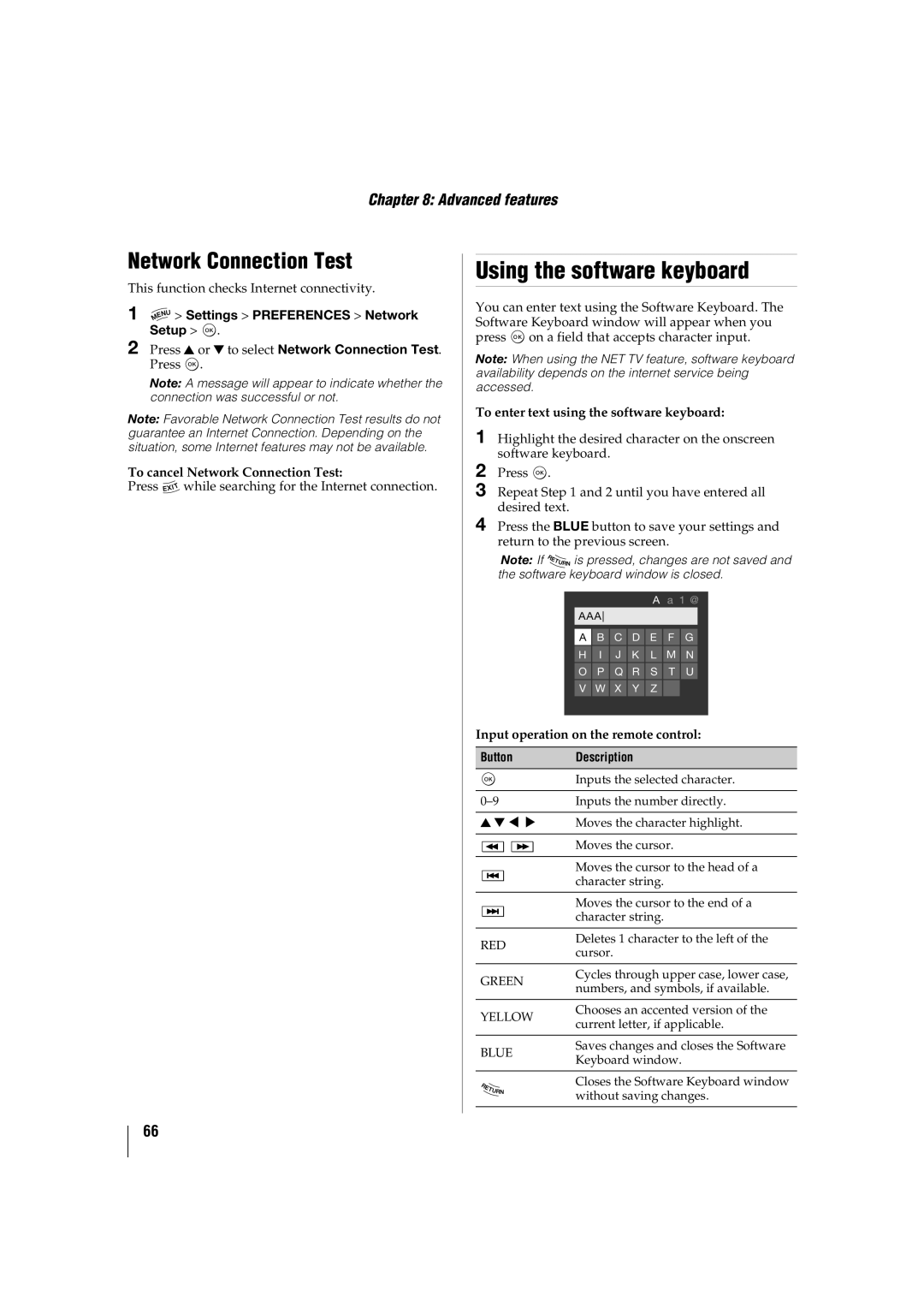 Toshiba 55TL515U, 32TL515U, 47TL515U, 42TL515U manual Using the software keyboard, Network Connection Test, ButtonDescription 