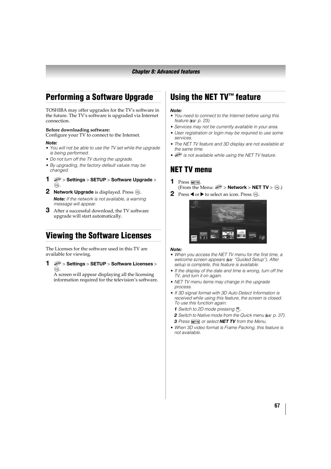 Toshiba 42TL515U manual Performing a Software Upgrade, Viewing the Software Licenses, Using the NET TV feature, NET TV menu 