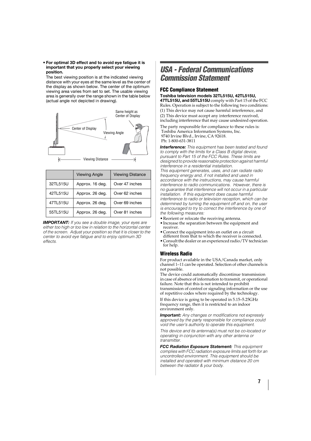 Toshiba 42TL515U, 32TL515U, 47TL515U, 55TL515U manual FCC Compliance Statement, Wireless Radio 