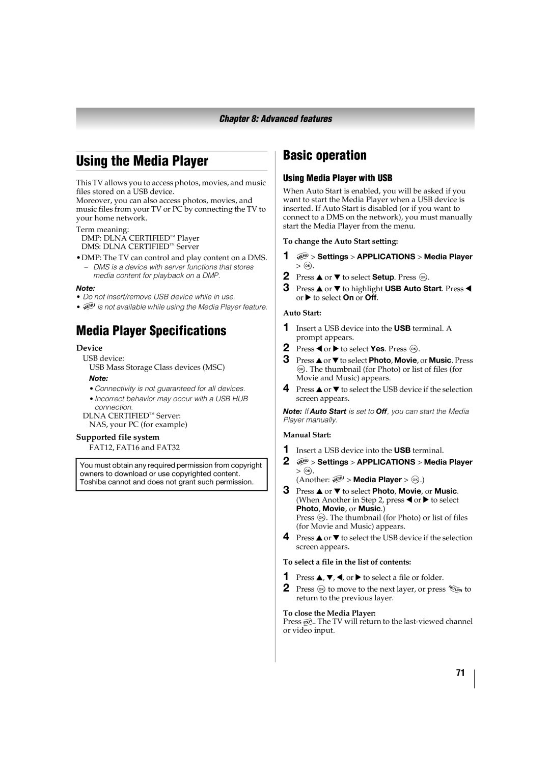 Toshiba 42TL515U manual Using the Media Player, Media Player Specifications, Basic operation, Using Media Player with USB 