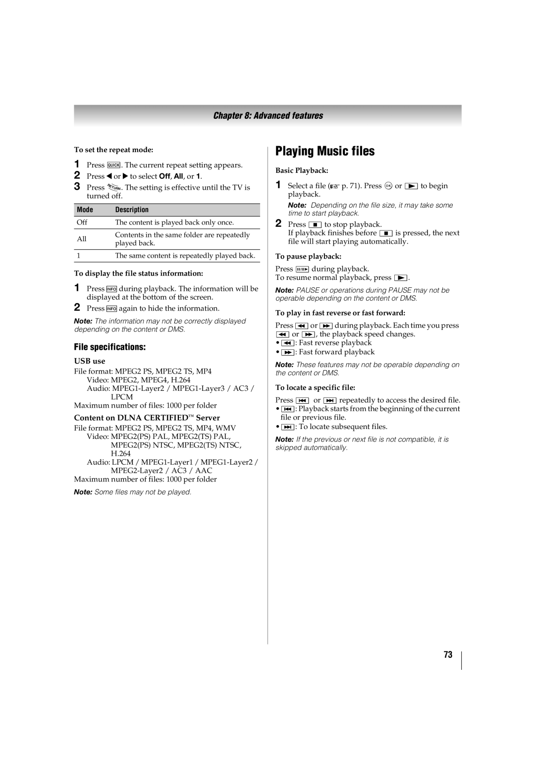 Toshiba 47TL515U Playing Music files, File specifications, To set the repeat mode, To display the file status information 