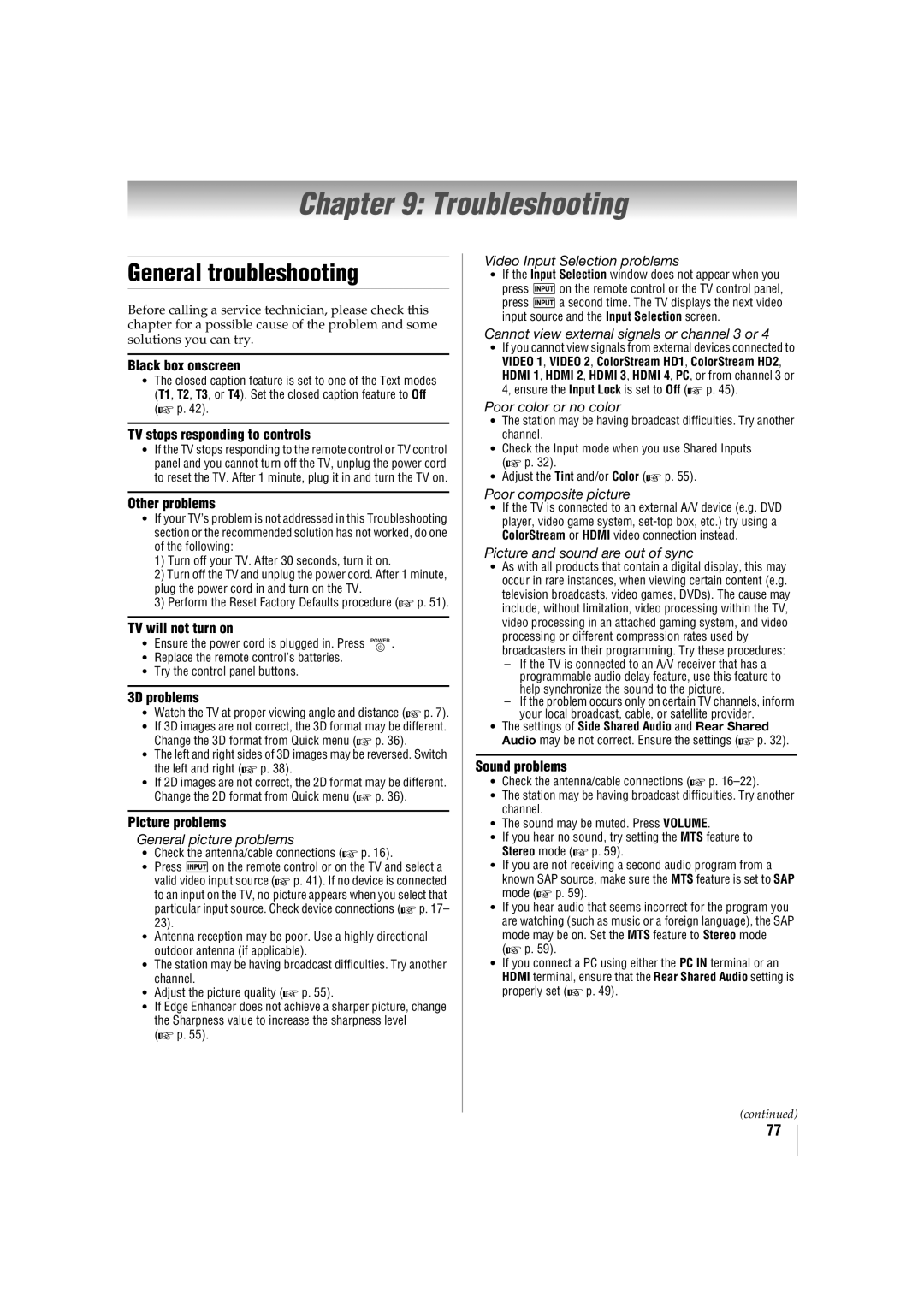 Toshiba 47TL515U, 32TL515U, 55TL515U, 42TL515U manual Troubleshooting, General troubleshooting 