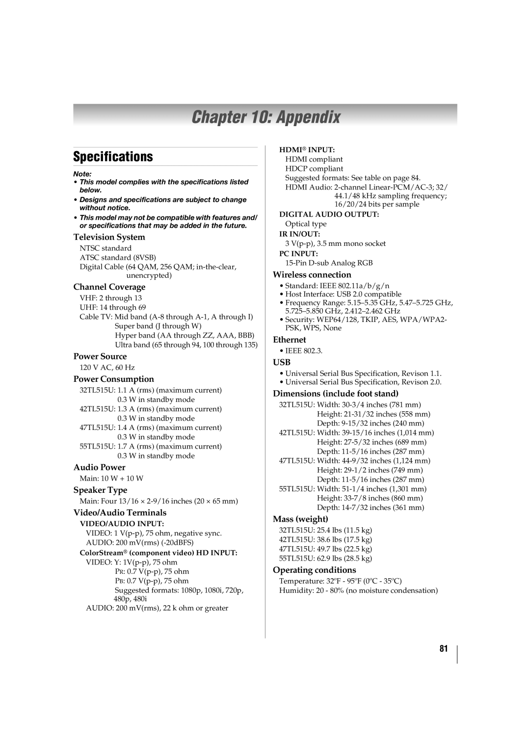 Toshiba 47TL515U, 32TL515U, 55TL515U, 42TL515U manual Appendix, Specifications, ColorStream component video HD Input 