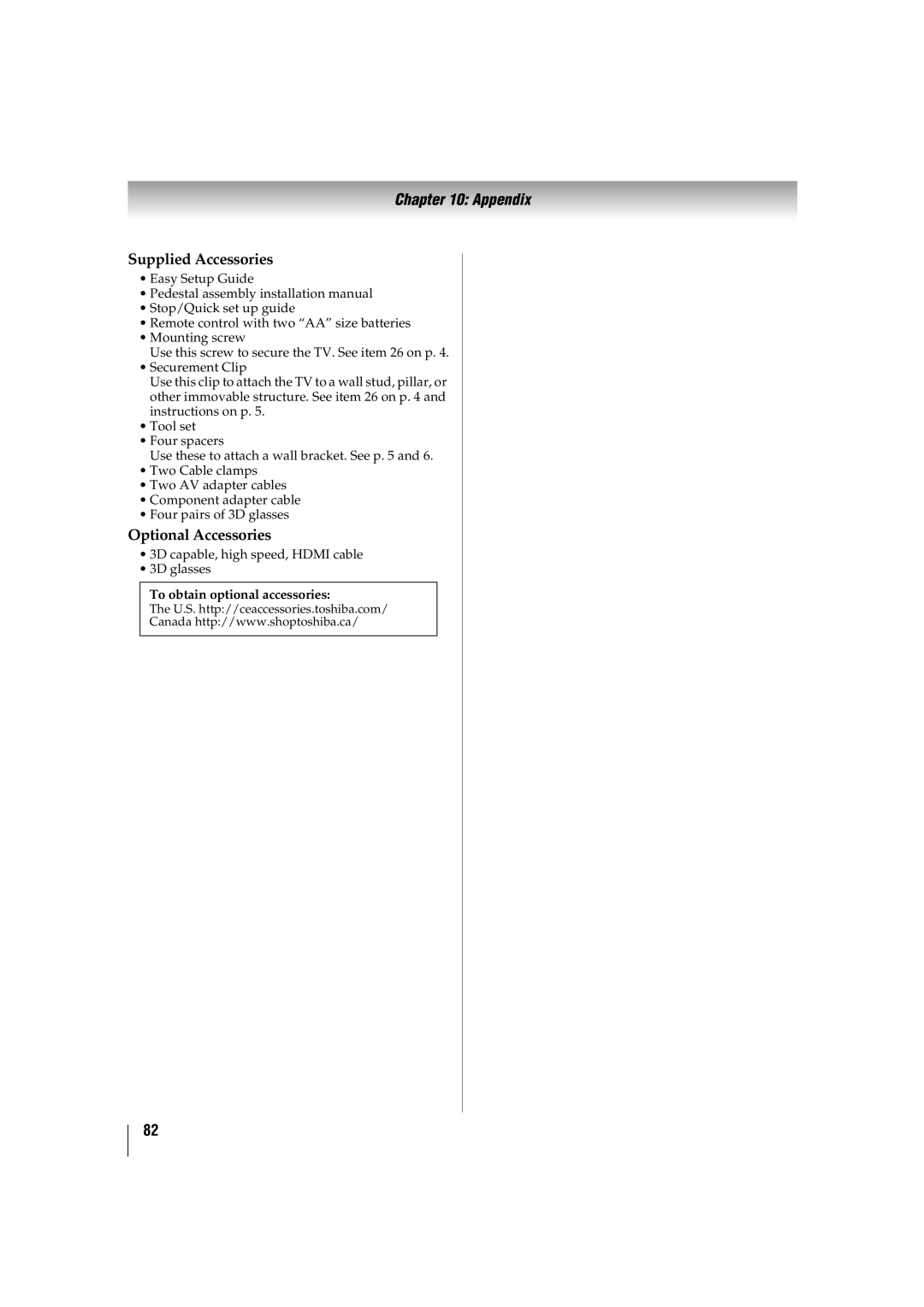 Toshiba 55TL515U, 32TL515U, 47TL515U, 42TL515U manual Supplied Accessories, To obtain optional accessories 