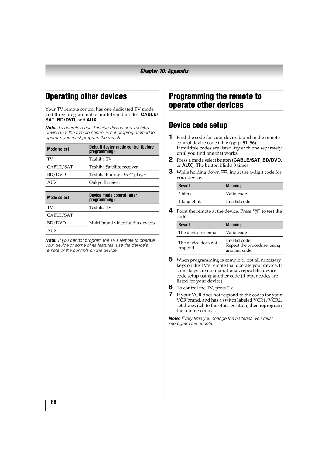 Toshiba 32TL515U, 47TL515U Operating other devices, Programming the remote to operate other devices, Device code setup 