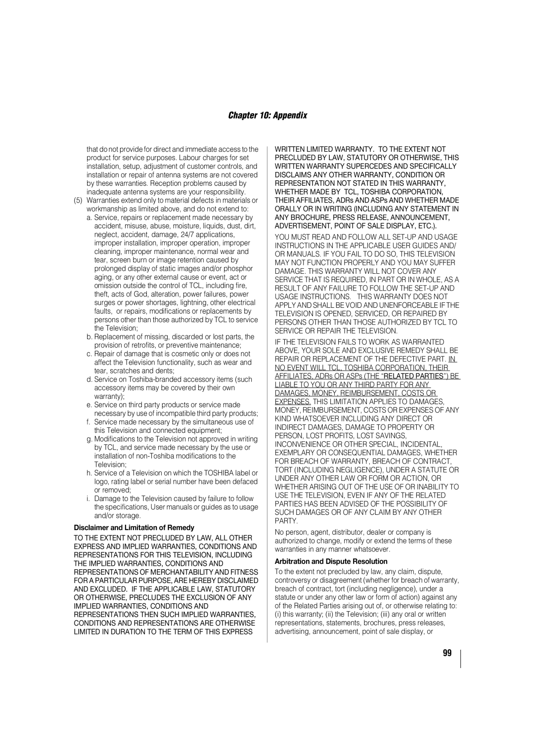 Toshiba 42TL515U, 32TL515U, 47TL515U, 55TL515U manual Disclaimer and Limitation of Remedy, Arbitration and Dispute Resolution 