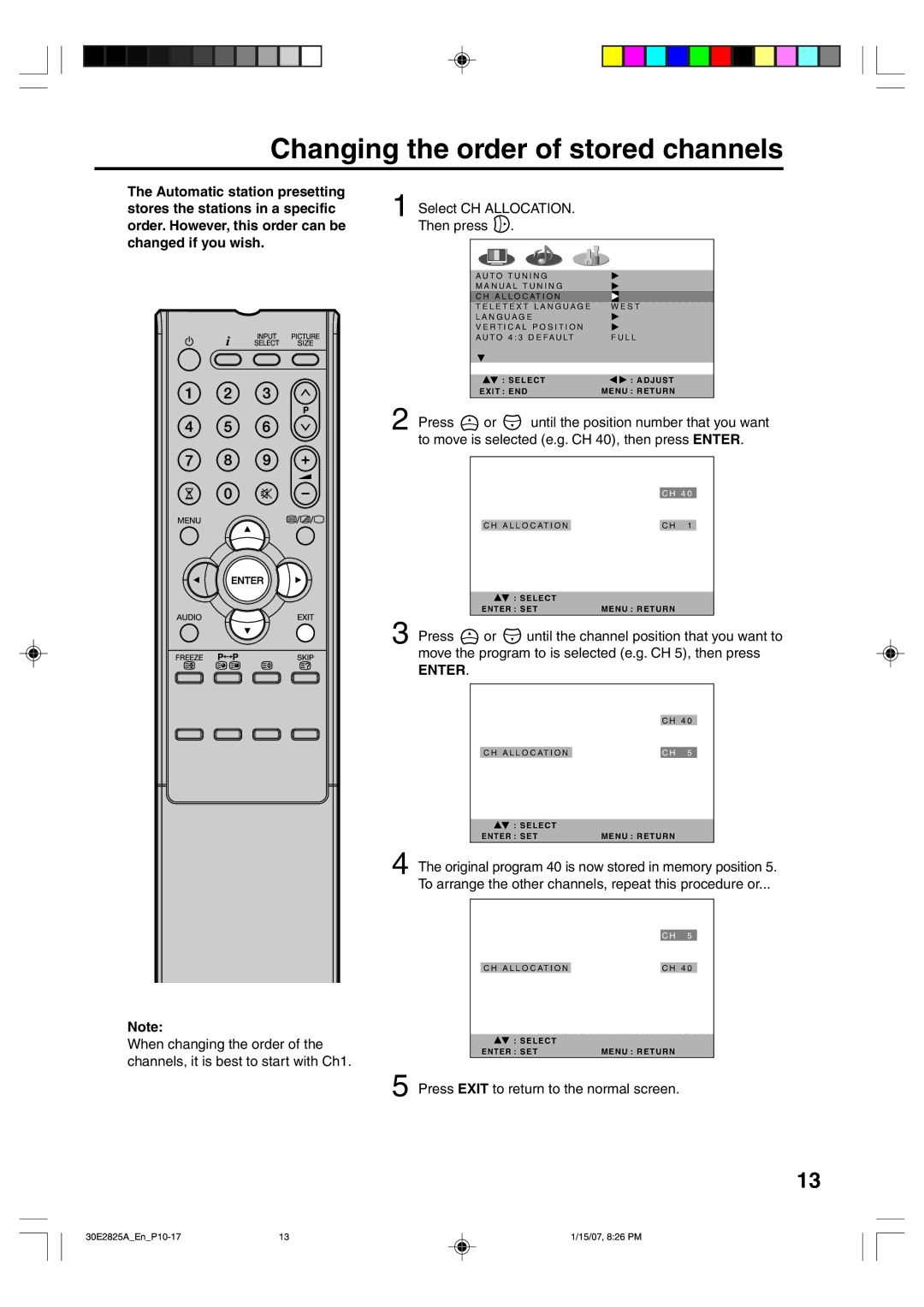 Toshiba 32W300P operating instructions Changing the order of stored channels, Select CH Allocation Then press 