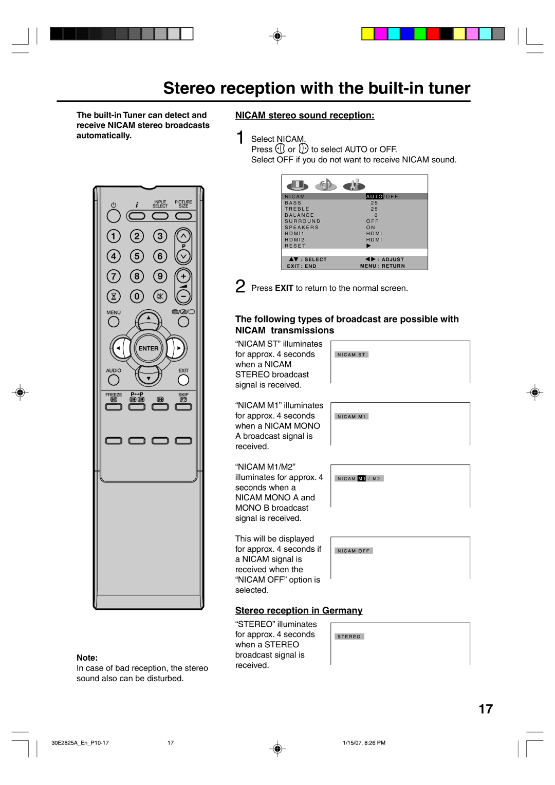 Toshiba 32W300P Stereo reception with the built-in tuner, Nicam stereo sound reception, Stereo reception in Germany 