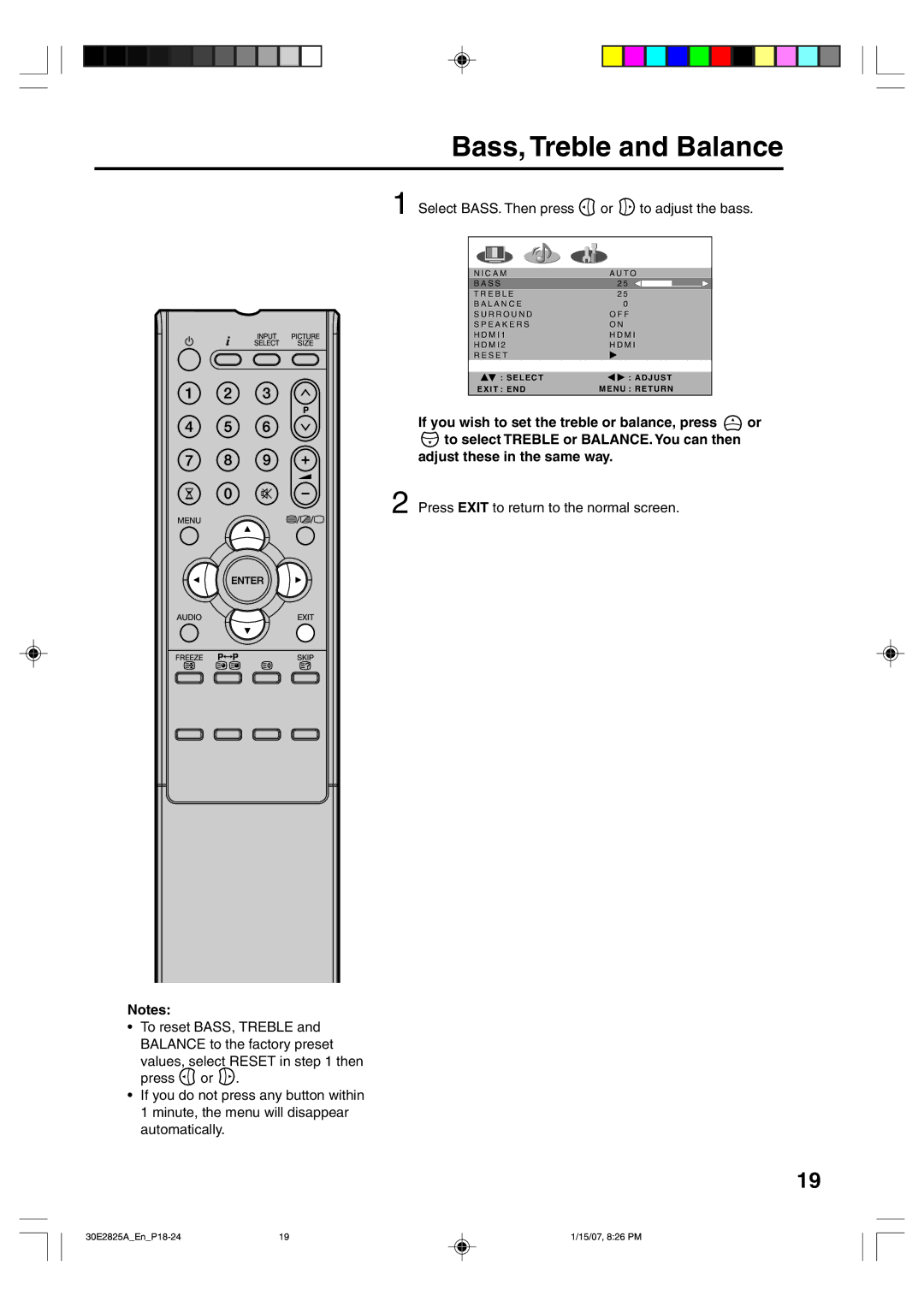 Toshiba 32W300P operating instructions Bass, Treble and Balance, Select BASS. Then press or to adjust the bass 