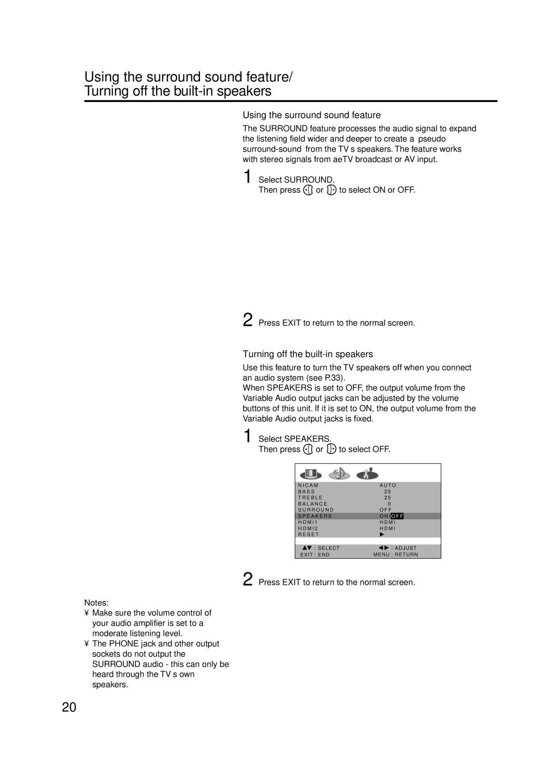 Toshiba 32W300P operating instructions Using the surround sound feature, Turning off the built-in speakers 