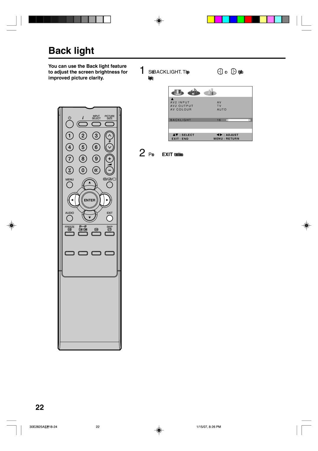 Toshiba 32W300P operating instructions Back light, Improved picture clarity Level you require 