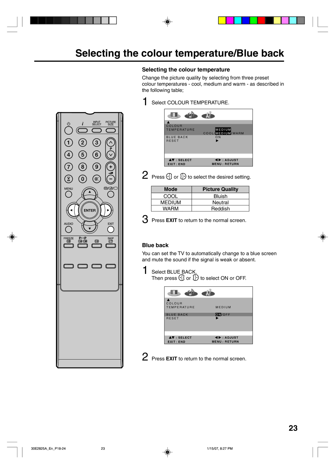 Toshiba 32W300P operating instructions Selecting the colour temperature/Blue back, Mode Picture Quality 