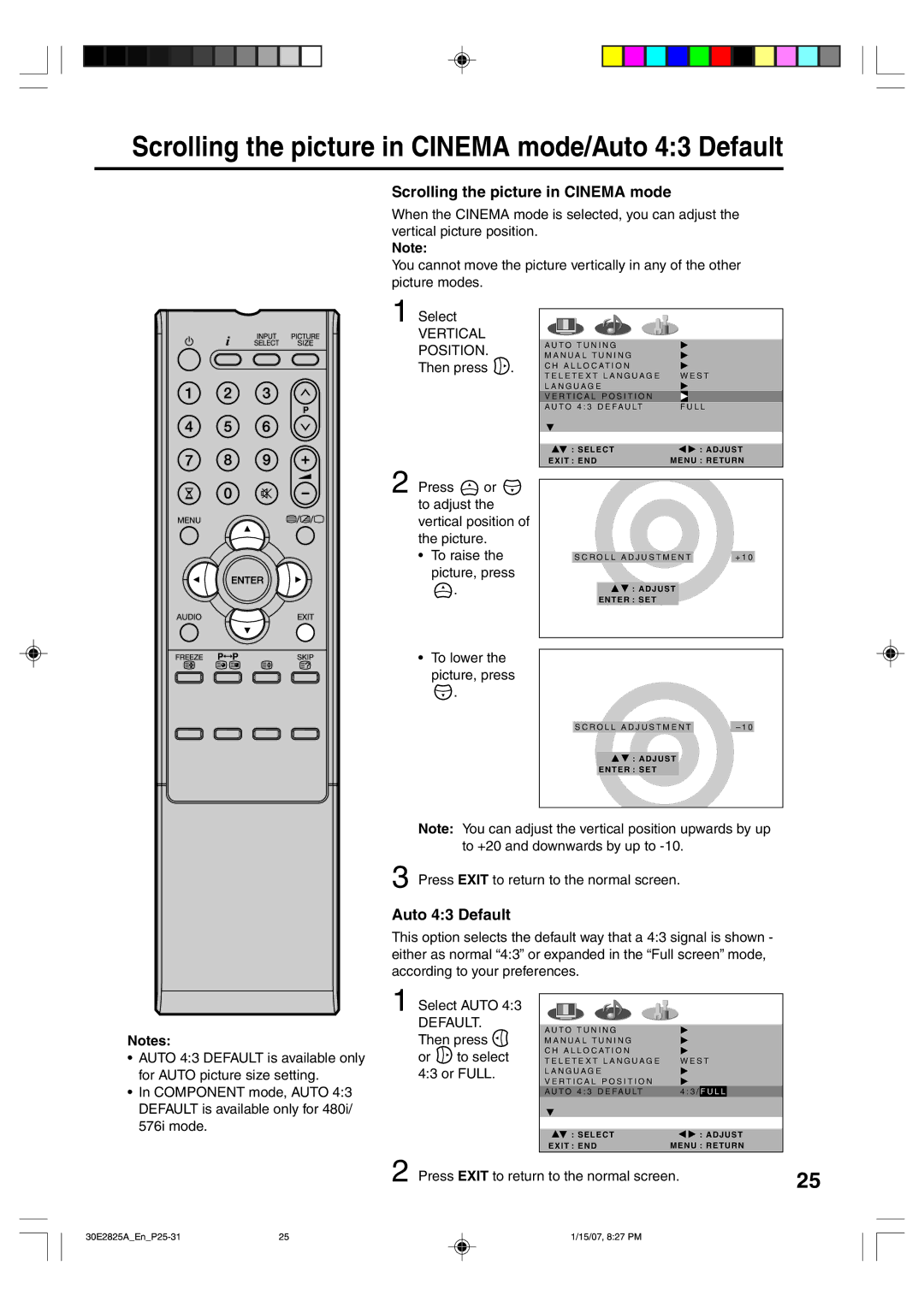 Toshiba 32W300P operating instructions Scrolling the picture in Cinema mode/Auto 43 Default, Or to select 43 or Full 