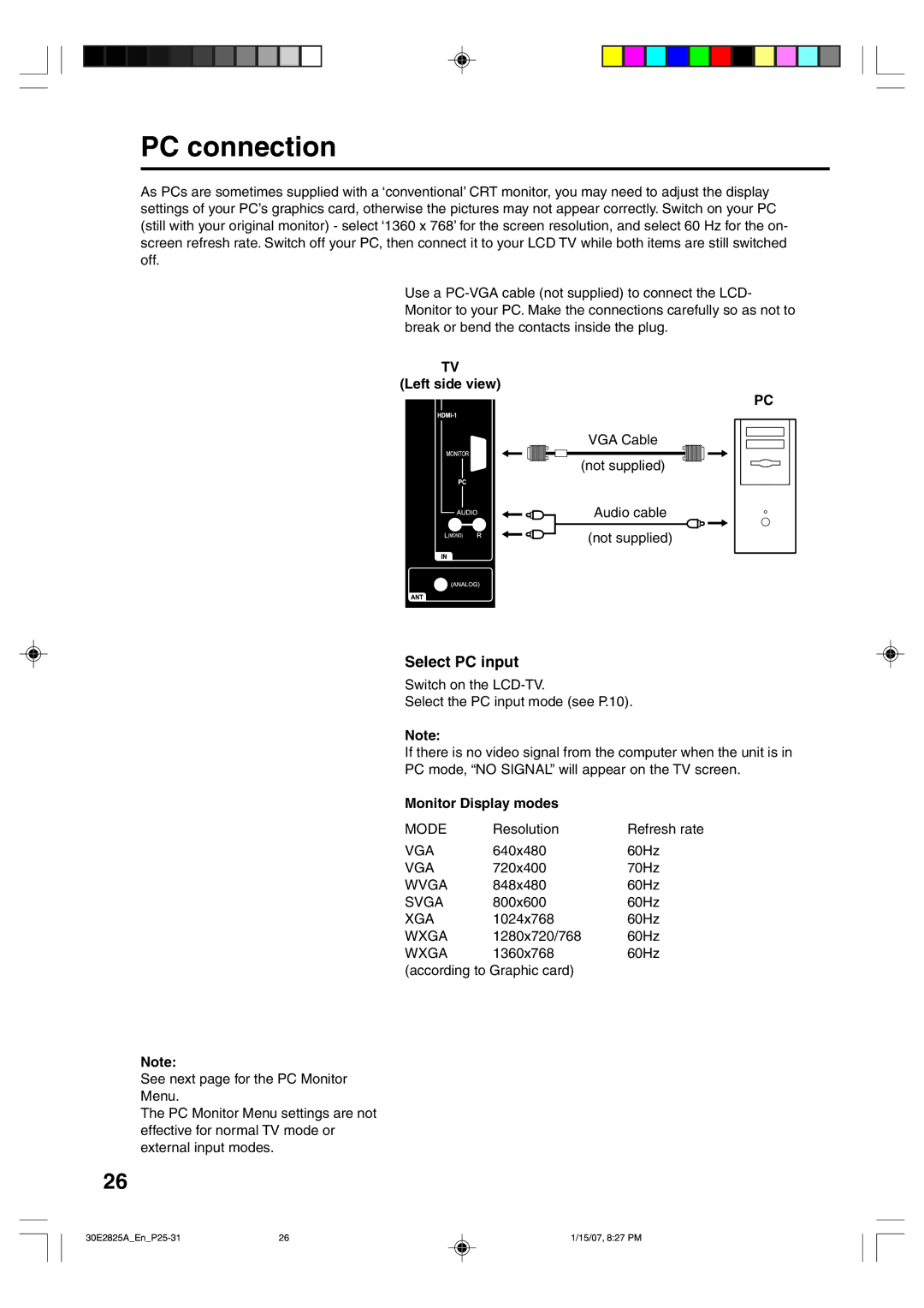 Toshiba 32W300P operating instructions PC connection, Select PC input, Left side view, Monitor Display modes 