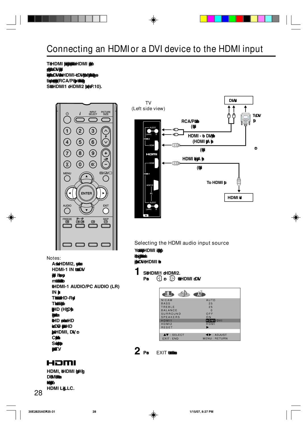 Toshiba 32W300P Connecting an Hdmi or a DVI device to the Hdmi input, Selecting the Hdmi audio input source 