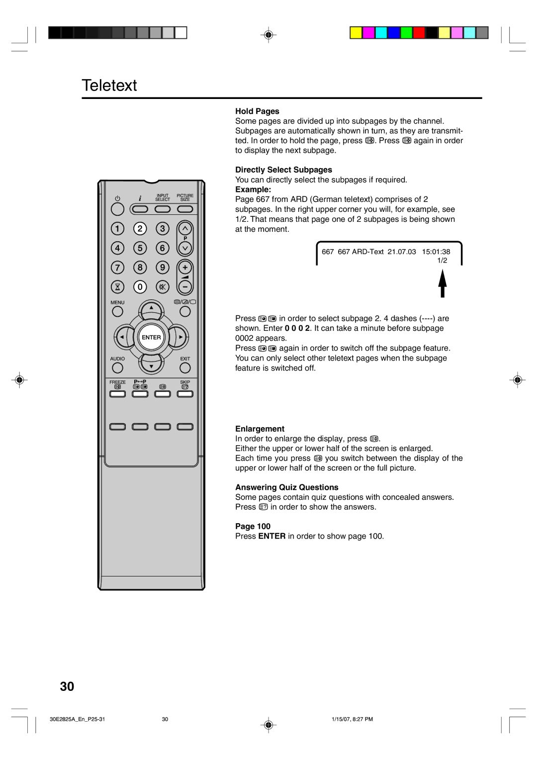 Toshiba 32W300P operating instructions Hold Pages, Directly Select Subpages, Example, Enlargement, Answering Quiz Questions 