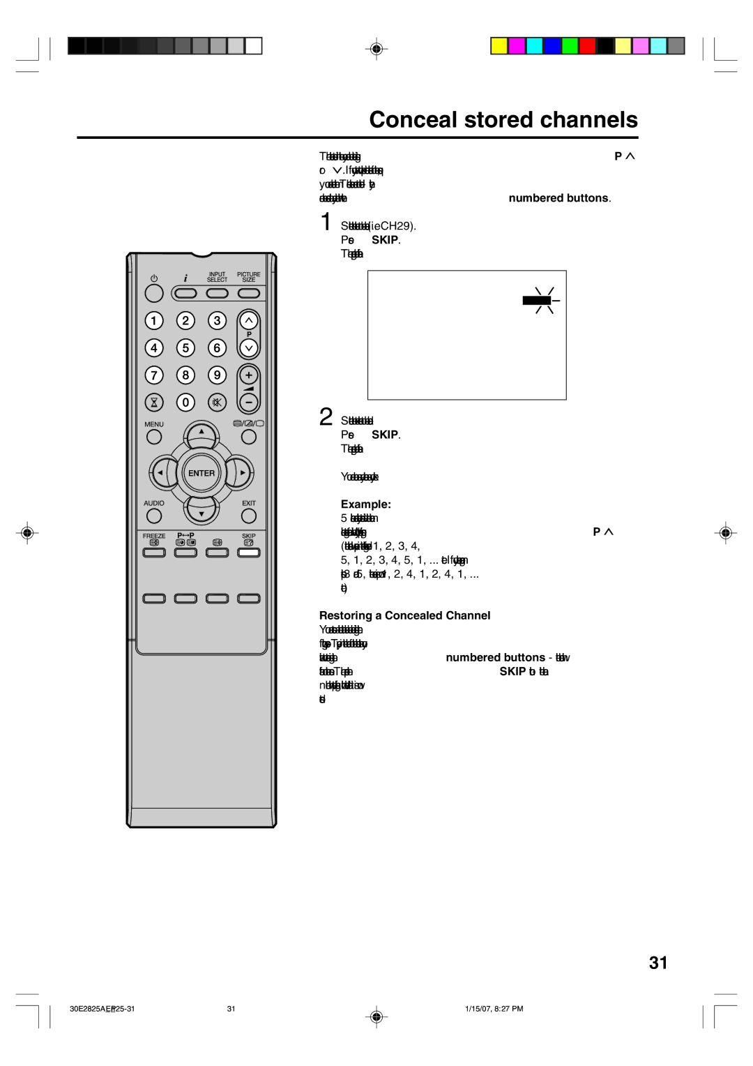 Toshiba 32W300P operating instructions Conceal stored channels, Restoring a Concealed Channel 