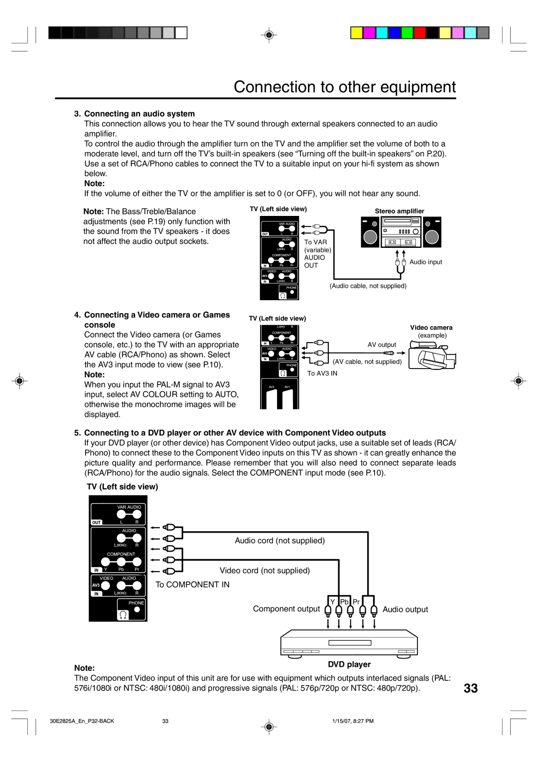 Toshiba 32W300P Connecting an audio system, Connecting a Video camera or Games console, Component output Audio output 